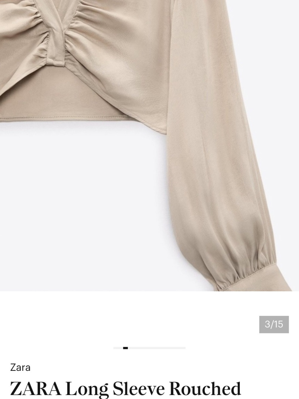 Zara Sand Beige Long-Sleeve Ruched V-Neck Crop Blouse M - Picture 4 of 5